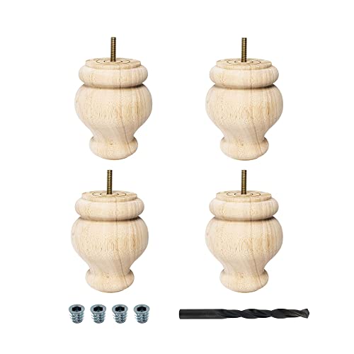 OUTWATER 5 in. H x 4 in. Dia Unfinished Solid Hardwood Bun Foot Leg for Furniture 4 Pack with 4 Free Insert Nuts and Drill Bit - color: Unfinished