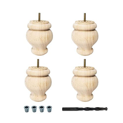 OUTWATER 5 in. H x 4 in. Dia Unfinished Solid Hardwood Bun Foot Leg for Furniture 4 Pack with 4 Free Insert Nuts and Drill Bit - color: Unfinished