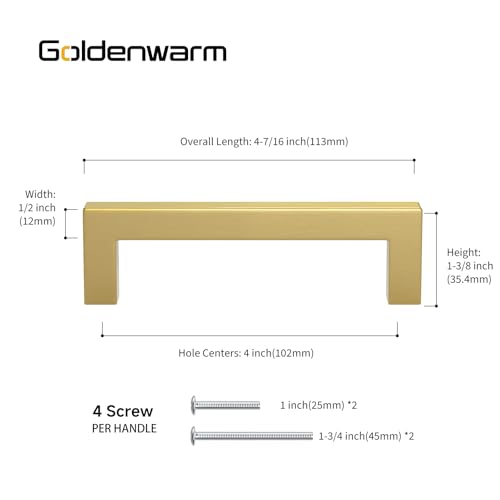 Goldenwarm 25 Pack 4 Inch Gold Cabinet Handles Brushed Gold Cabinet Pulls - color: Gold, size: 4in Hole Centers