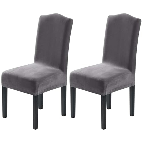 H.VERSAILTEX Velvet Dining Chair Covers Stretch Chair Covers for Dining Room Set of 2 Parson Chair Slipcovers Chair Protectors Covers Dining, Soft Thick Solid Velvet Fabric Washable,Grey - color: Grey, size: 2