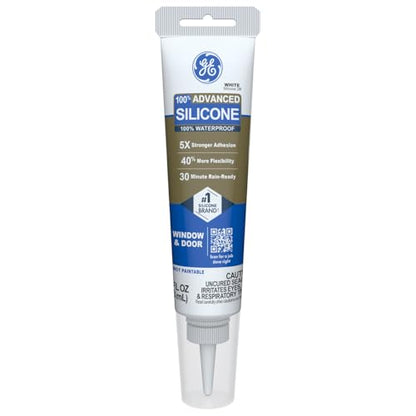 GE Advanced Silicone Caulk for Window & Door, White, 2.8 fl oz Tube, 1 Pack - 100% Waterproof Silicone Sealant, 5X Stronger Adhesion, Freeze & Sun Proof - size: Pack of 1, style: White