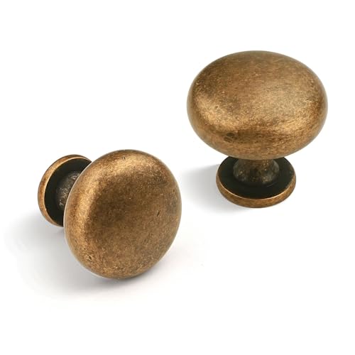 12 Pack Antique Brass Kitchen Cabinet Knobs, Solid Zinc Vintage Dresser Drawer Knobs, Round Small Cupboard Knobs, Diameter:1-1/5 Inch - color: Antique Brass
