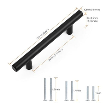 Probrico 30 Pack Hole Centers 3-3/4inch Matte Black Kitchen Cabinet Handles, Stainless Steel Dresser Drawer Pulls, Modern T Bar 6inch Length Pull Handle for Closet - size: Center to Center: 3-3/4 inch