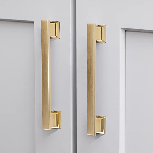 VEHCIL 20 Pack Square Brushed Gold Cabinet Pulls, 5 Inch(128mm) Hole Centers Gold Cabinet Handles Hardware for Kitchen Cupboard Closet Bathroom Dresser Drawer, Solid Zinc Alloy - color: Brushed Gold, size: 5 Inch Hole Centers Pull