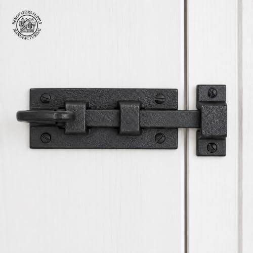 Renovators Supply Manufacturing Door Lock Latch 3.8 in. Black Wrought Iron Pig Tail Tip Styled Slide Bolt Latch with Mounting Hardware - size: Pack of 1, style: 3.88 inch - Curled Tail