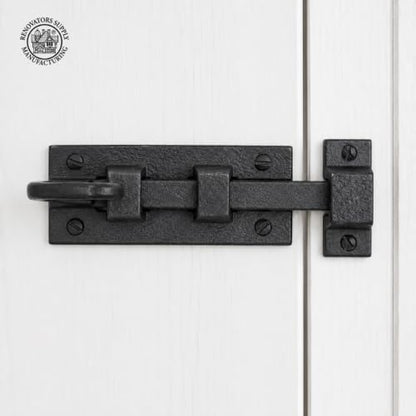 Renovators Supply Manufacturing Black Slide Bolt Door Latch 3 7/8 in. Long Wrought Iron Metal Surface Sliding Bolts with Catch for Cabinet Doors Rust Resistant Security Locks with Hardware Pack of 2 - size: Pack of 2, style: 3.88 inch - Curled Tail