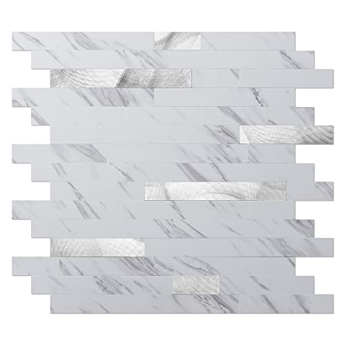 Art3d Faux Stone Peel & Stick Backsplash Tile, 10 pcs, Plain White Marble - color: White Slate with Silver Studded, size: 13.4" x 11.8"