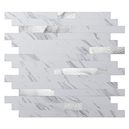 Art3d Faux Stone Peel & Stick Backsplash Tile, 10 pcs, Plain White Marble - color: White Slate with Silver Studded, size: 13.4" x 11.8"