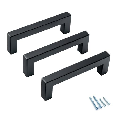 30 Pack Matte Black Cabinet Pulls 3 3/4 Inch Hole Centers Stainless Steel Square Drawer Pulls Black Cupboard Handles Modern Kitchen Cabinet Hardware - color: Matte Black, size: 3.75 inch hole center (96mm)