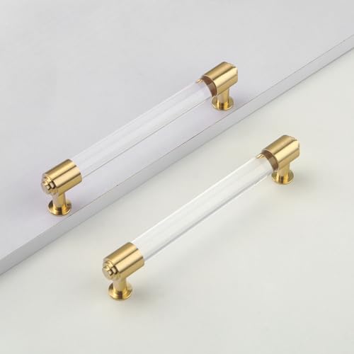 Modern Brass and Acrylic Kitchen Cabinet Pulls 3 Inch Hole Center 4Pack Elegant Gold Drawer Handle Charming Dresser Knob for Closet Cupboard Wardrobe Laundry Room Bathroom - size: Double Hole: 3 Inch