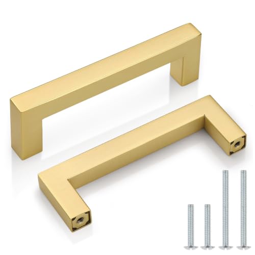 Probrico Gold Cabinet Handles 3-3/4 Inch(96mm) Hole Centers Drawer Pulls Stainless Steel Kitchen Cabinet Handles, Antique Brushed Brass Square Drawer Handles Modern Cabinet Hardware 30 Pack - color: Gold, size: hole center 3-3/4"