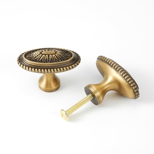 2 Pack Solid Brass Cabinet Knobs, Oval Drawer Knobs, Antique Brass Cabinet Knobs for Kitchen, Bathroom, and Furniture - size: Knob-I