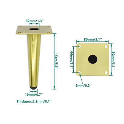 4 Pack Furniture Legs, Round Tapered Furniture Feet, Heavy Duty Metal Foot for Sofa Cabinet Cupboard Bar Bed Table Chair Couch Ottoman Dresser Desk Home DIY Projects (15cm/6" Height, Gold) - color: Gold, size: 15cm/6" Height