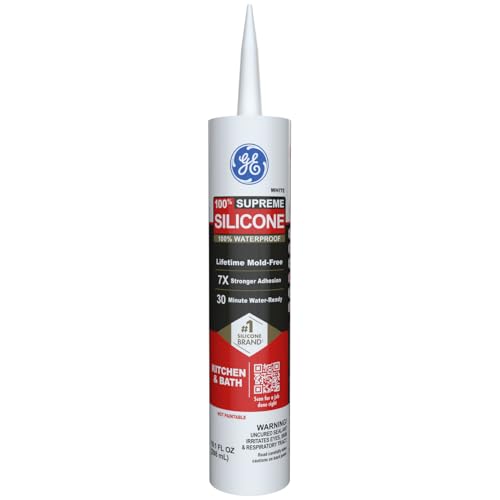 GE Supreme Silicone Caulk for Kitchen & Bathroom, White, 10 fl oz Cartridge, 1 Pack - 100% Waterproof Silicone Sealant, 7X Stronger Adhesion, Shrink & Crack Proof - color: White, size: Pack of 1