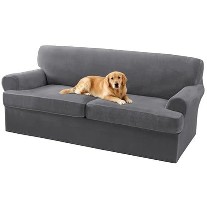 Turquoize T Cushion Sofa Slipcover 3 Piece Sofa Covers for 2 Large Cushion Couch Thick Velvet Couch Cover Stretch Furniture Covers with 2 Individual T Cushion Covers, Washable (2 Cushion Sofa, Gray) - color: Grey, size: Sofa (2 Cushion)