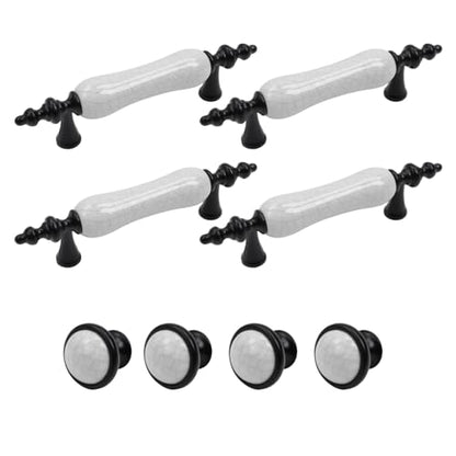 Set of 8 Black & White Ceramic Cabinet Pulls Antique Drawer Knobs