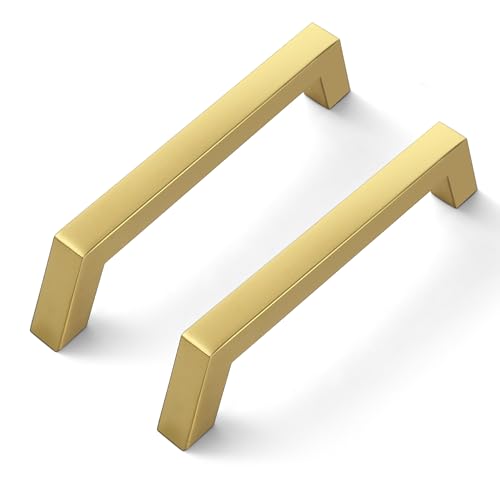 Estmoon 10 Pack 5 Inch Gold Cabinet Handles Brushed Brass Cabinet Pulls, Stainless Steel Kitchen Cabinet Handles Square Pulls for Cabinets and Drawers - 5" Hole Centers(128 mm) - color: Brushed Gold
