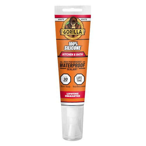 Gorilla 100% Silicone Kitchen & Bath Sealant Caulk, 2.8 fl oz, White, Waterproof, Mold Resistant, Easy Touch-Up Caulking for Sinks, Tubs, Showers, Tile, Faucets & Countertops - color: White, size: 2.8 Ounce