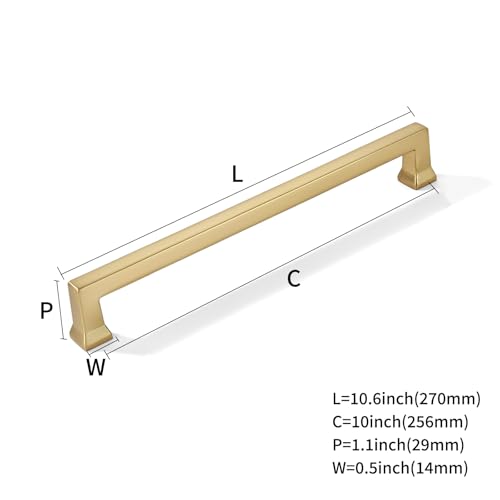 khtumeware 10 Pack 10inch(256mm) Hole Center Brushed Brass Cabinet Pulls Heavy-Duty Satin Brass Cabinet Hardware Pulls for Kitchens, bathrooms and Dresser Handle - color: Brushed Brass, size: 10inch(256mm) hole center
