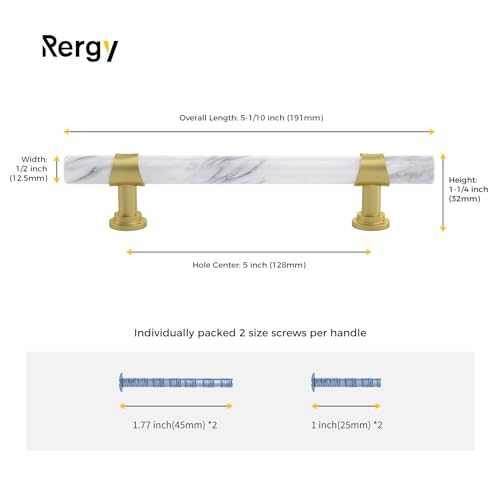 Rergy 10 Pack Cabinet Handles, White Marble & Matte Gold Pulls, 5" - color: White Marble & Matte Gold, size: 5 inch (128mm) Hole Center