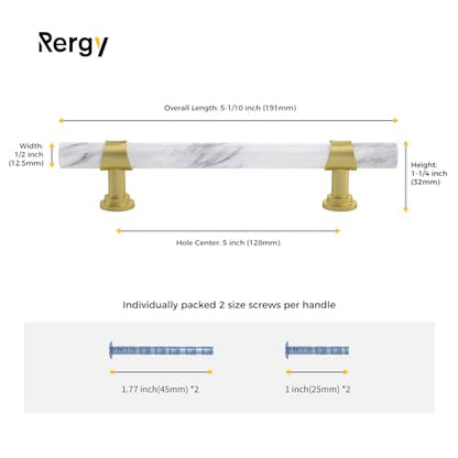 Rergy 10 Pack Cabinet Handles, White Marble & Matte Gold Pulls, 5" - color: White Marble & Matte Gold, size: 5 inch (128mm) Hole Center