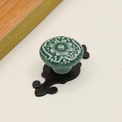 HUAMULAN 10 Pack Ceramic Knobs Cabinet Pulls Handle with Black Backplate - color: Green Knob + Black Base