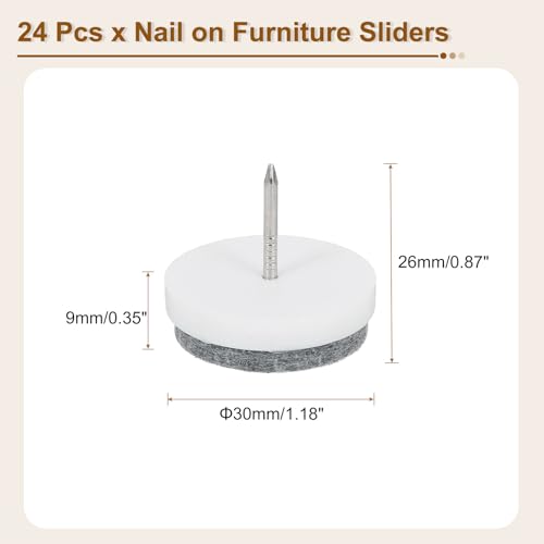 uxcell Nail-on Furniture Sliders, 24Pcs Nail-on Felt Pads Round Chair Table Feet Pads Chair Leg Floor Protectors for Hardwood Floors (White, 30mm/1.18") - size: 30mm/1.18"
