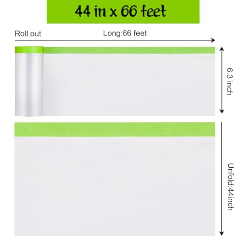 Pre-Taped Masking Film for Painting - 44" x 66'Painters Plastic roll,with Automotive Paint Tape,Decoration Painters Plastic,Windows and Furniture Protection (2 Rolls) - size: 44in x 66ft 2Rolls