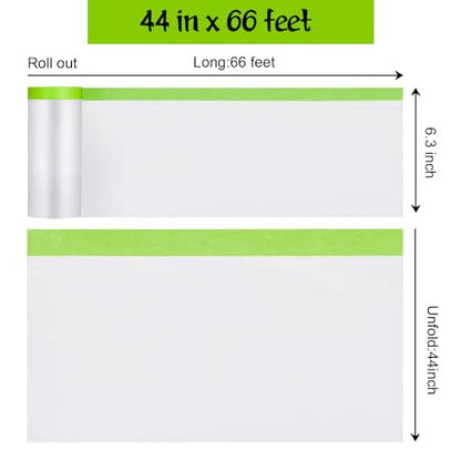 Pre-Taped Masking Film for Painting - 44" x 66'Painters Plastic roll,with Automotive Paint Tape,Decoration Painters Plastic,Windows and Furniture Protection (2 Rolls) - size: 44in x 66ft 2Rolls