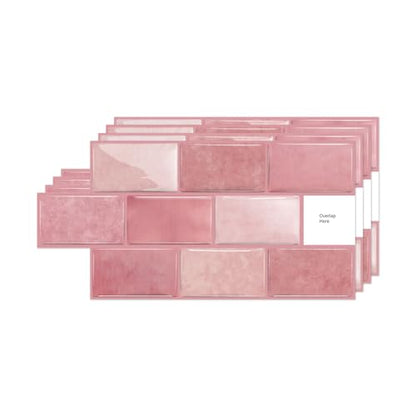 Alwayspon 6x12inchx10Pcs Self Adhesive Wall Tile Sticker, Peel and Stick Adhesive Waterproof Backsplash Stick on Tile Decals for Kitchen Bathroom Wall, Pink - color: Pink
