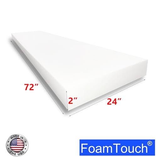 FoamTouch High Density Upholstery Foam (2" x 24" x 72"), 1.79LB Density-45LB ILD, Made in USA – Ideal for Couch Cusions, Chair Cushions, Bench Cushions and Varity of Upholstery Projects - size: 2" x 24" x 72"