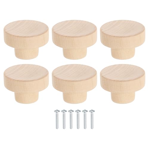 uxcell 6Pcs Round Wood Drawer Knob, 1 5/8" Diameter Flat Round Dresser Knobs Wooden Knobs with Screws for Furniture Drawer Dresser Wardrobe Cupboard - size: 1 5/8"