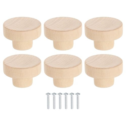 uxcell 6Pcs Round Wood Drawer Knob, 1 5/8" Diameter Flat Round Dresser Knobs Wooden Knobs with Screws for Furniture Drawer Dresser Wardrobe Cupboard - size: 1 5/8"