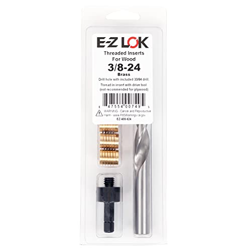 E-Z LOK 400-624 Threaded Inserts for Wood, Installation Kit, Brass, Includes 3/8-24 Knife Thread Inserts (5), Drill, Installation Tool - size: 3/8-24 (5 Count)