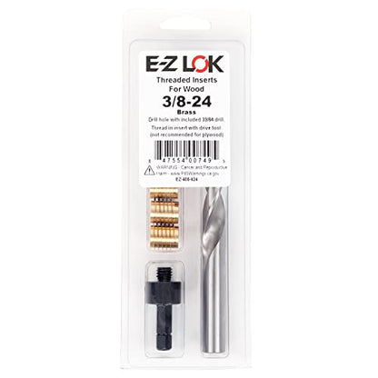 E-Z LOK 400-624 Threaded Inserts for Wood, Installation Kit, Brass, Includes 3/8-24 Knife Thread Inserts (5), Drill, Installation Tool - size: 3/8-24 (5 Count)