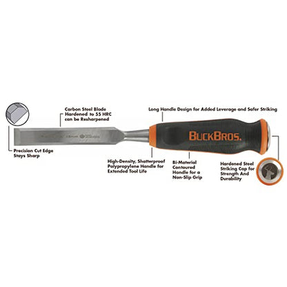 Buck Brothers 74711 Wood Chisel 1/4 Inch, For Trim, Carving, and Detail Work, Comfort Grip Handle, Resharpenable High Carbon Steel Blade, Mallet-Safe Design for Carpentry and Wood Working - style: 1/4 Inch