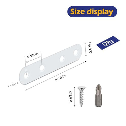 12Pcs White Stainless Steel Straight Braces, 3.78” Flat Brackets,Straight Bracket, Ideal for Wood, Bed Frame, Furniture & Shelves Mending,with 48Pcs White Stainless Steel Screws