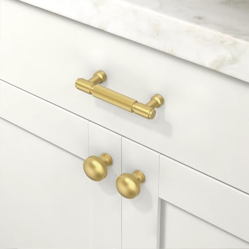 10 Pack Brushed Gold Knurled Cabinet Pulls 3 Inch(76mm) Kitchen Cabinet Handles Cabinet Hardware for Drawer Pulls - color: Brushed Gold, size: 3" Hole Center