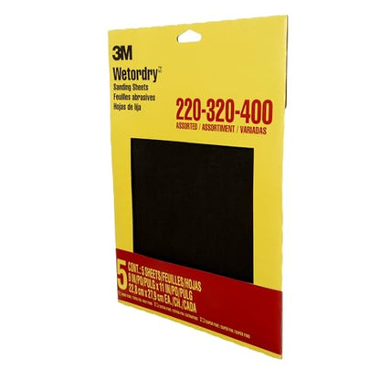 3M Wetordry Sandpaper, 5 Sheets, 9 in x 11 in, Assorted Grits (220/320 / 400), Use for Wet and Dry Sanding, for Sanding Between Coats of Varnish, Lacquer, Paint & Other Finishes (9088DC-NA), 2-Pack - style: Assorted Grit, 2-Pack (10 Sheets)