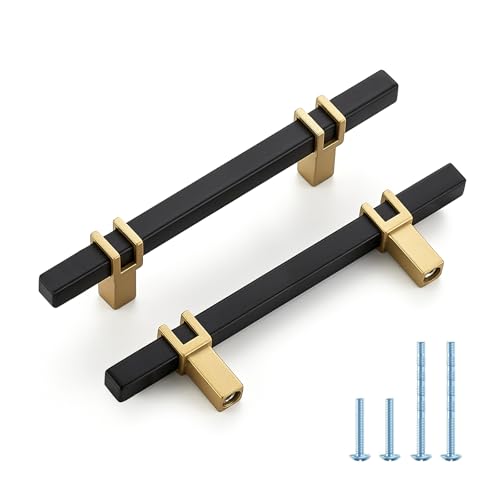 HOME EDIT 3-1/2 inch Cabinet Handles, 10 Pack Kitchen Cabinet Handles Matte Black and Gold Drawer Pulls Zinc Alloy Square Bar Kitchen Pulls - color: Black and Gold, size: 3-1/2 Inch Hole Center