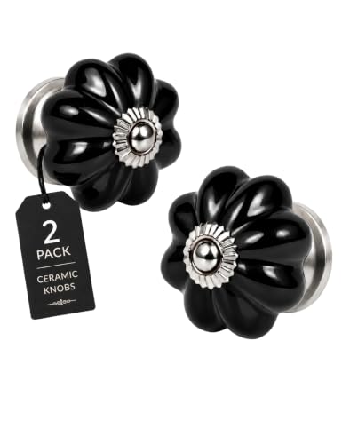 Black Cabinet Knobs 2 Pack - Ceramic Pumpkin Drawer Pulls - color: Black Solid, size: 2 Pieces