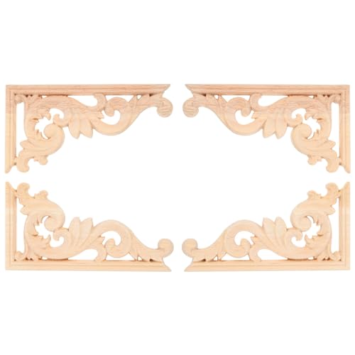 HEALLILY 4 pcs Wood Onlay Corner Applique Unpainted Carved Wood Appliques for Cabinets Doors Walls Mirrors Decorative Trim European Style Home Decor 5.11 X 2.55 X 0.31 in