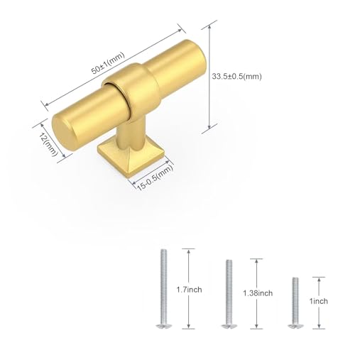 Brushed Brass Cabinet Knobs Single Hole T Bar 10 Pack - color: Brushed Brass, size: Single Hole-2inch Length