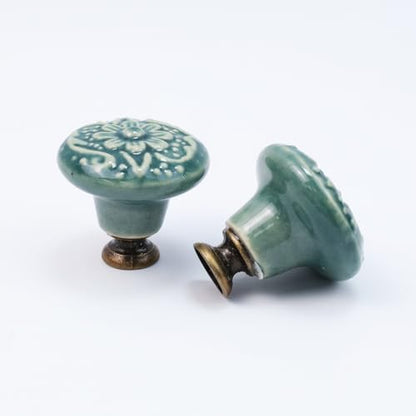 Geesatis 10 pcs Decorative Knob Ceramic knobs Drawer Cabinet Pull Handle Knobs Furniture Decorative Pull Tool with Mounting Screws, Green, 1.4 inch Diameter