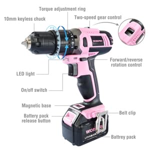 WORKPRO 20V Cordless Drill Driver Set, Pink, 3/8" Keyless Chuck