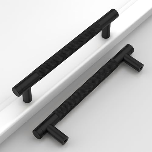 Matte Black Knurled Cabinet Handles Kitchen Pulls 5 Inch 10 Pack - color: Matte Black, size: 5" Hole Center