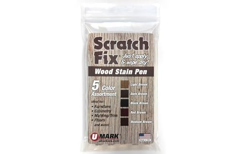 U-Mark Scratch Fix Wood Stain Pen 5mm Tip, Marks On Wood Furniture Cabinets Doors Floors Frames Molding, 5 Pack Assortment