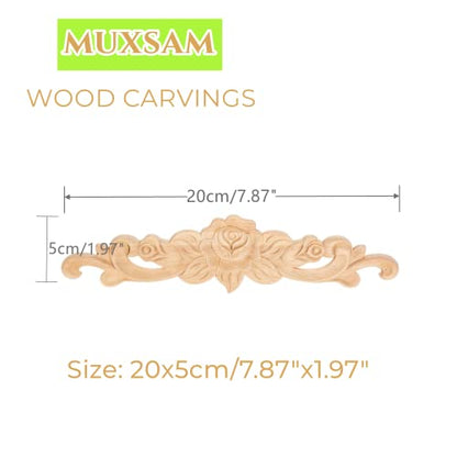 2Pcs Wood Carved Appliques Rose Wooden Carving Onlays Decals for Furniture - size: 20x5cm/7.87"x1.97"