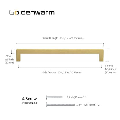 Goldenwarm Gold Cabinet Pulls Kitchen Cabinet Door Handle - LSJ12GD256 Brushed Brass Drawer Pulls 10 Inch Hole Centers Modern Square Cupboard Handles Hardware Dresser Knobs 25 Pack - color: Gold, size: 10in Hole Centers