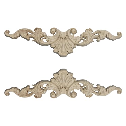2PCS Wood Carved Onlay Appliques, 7.9"x2" Unpainted Wooden Decor Craft Decals for Furniture, Cabinet, Door, Dresser & DIY Crafts